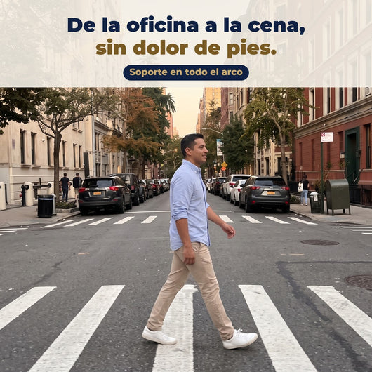 Hombre caminando por la ciudad: de la oficina a la cena, sin dolor de pies