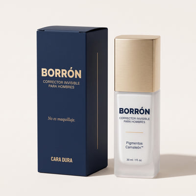 Borrón, corrector invisible para hombres, frasco y caja